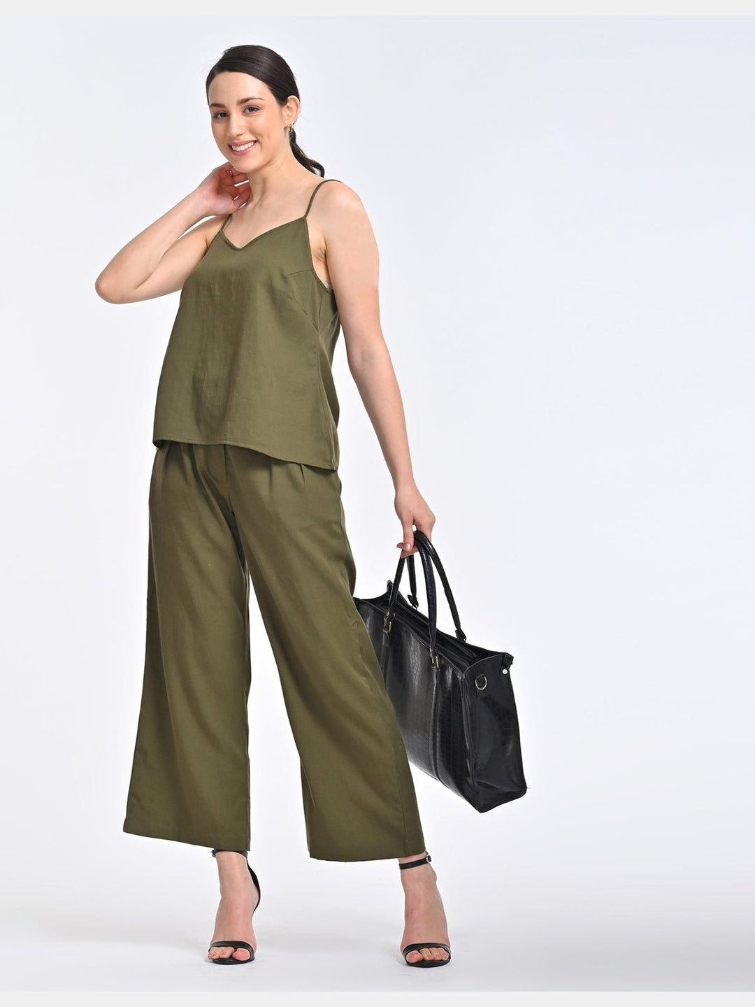 Co - ord SetWomen Solid Tencel Olive Slip with Trousers Coords SetSaltpetre