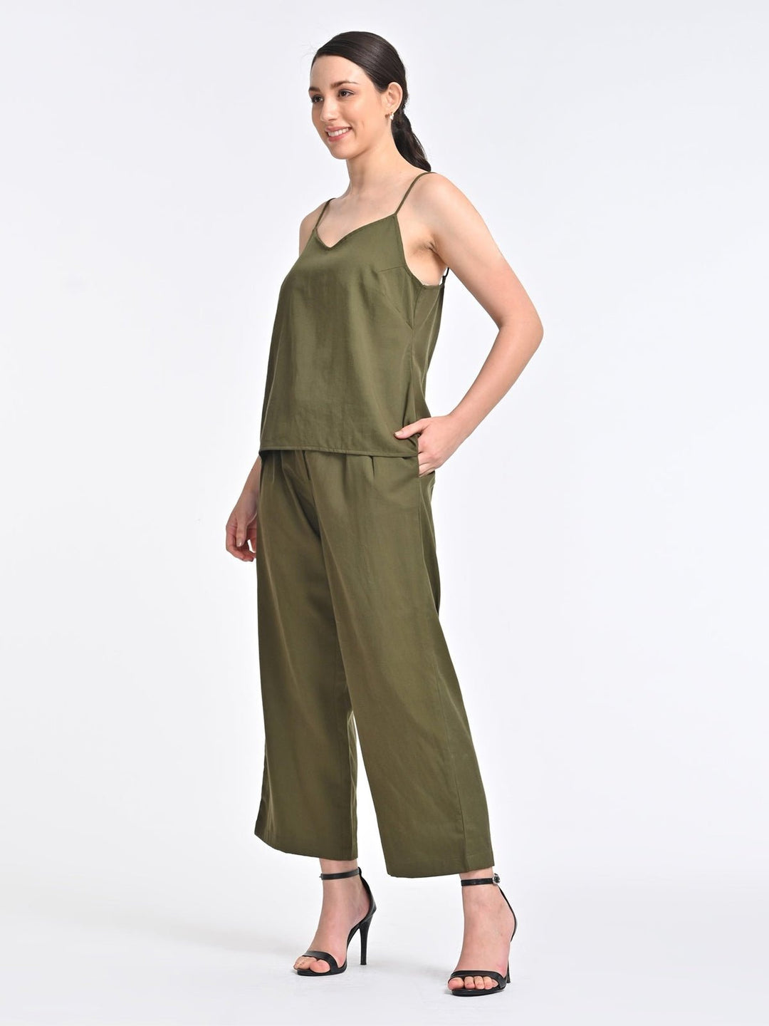 Co - ord SetWomen Solid Tencel Olive Slip with Trousers Coords SetSaltpetre