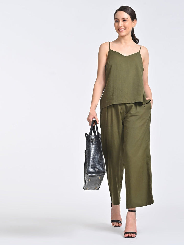 Co - ord SetWomen Solid Tencel Olive Slip with Trousers Coords SetSaltpetre