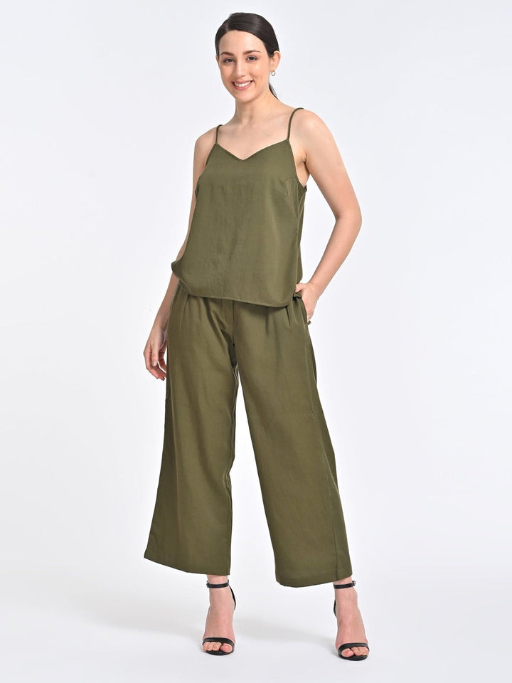 Co - ord SetWomen Solid Tencel Olive Slip with Trousers Coords SetSaltpetre