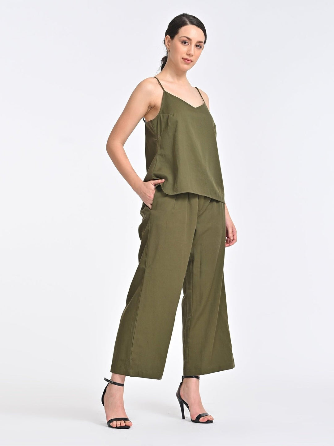 Co - ord SetWomen Solid Tencel Olive Slip with Trousers Coords SetSaltpetre