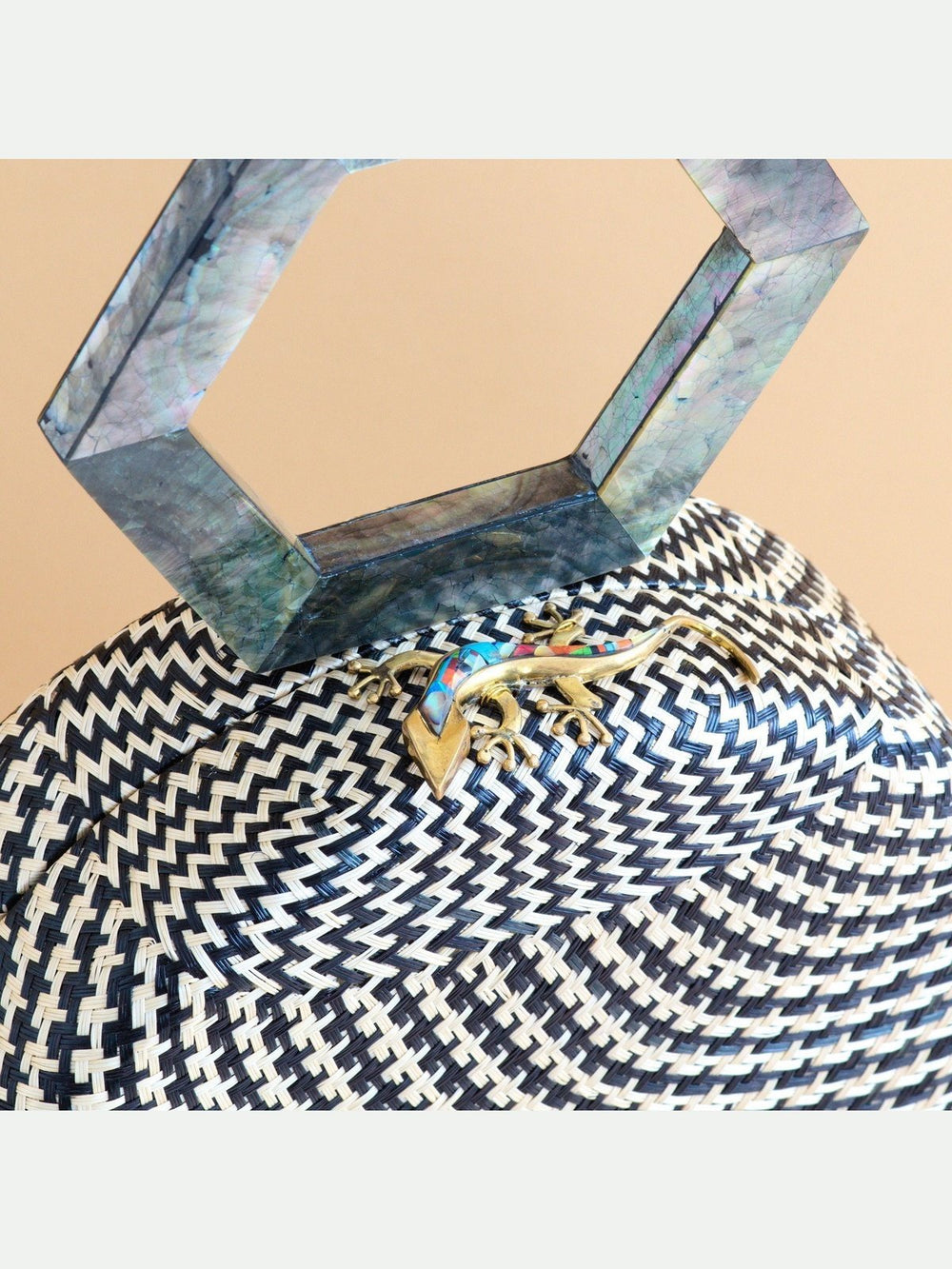 BagsBlack Round Handwoven Handbag with Mother of Pearl HandleLIKHÂ