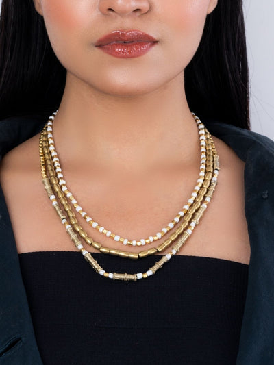 JewelryBrass Dokra Charms Multi Layered Necklace - WhiteMiharu