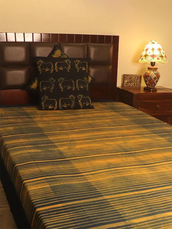 Bed and LivingCotton Shibori Bed Cover Irregular Lines Indigo and YellowMura Collective