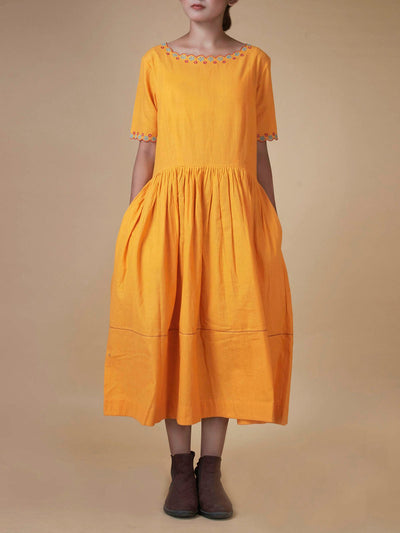DressesHand Embroidered Cotton Dress MustardEarth Route