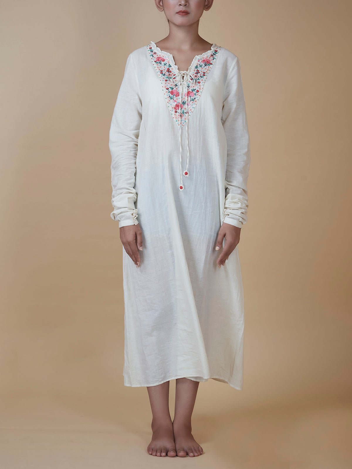 Hand Embroidered Cotton Muslin Dress Natural Ivory