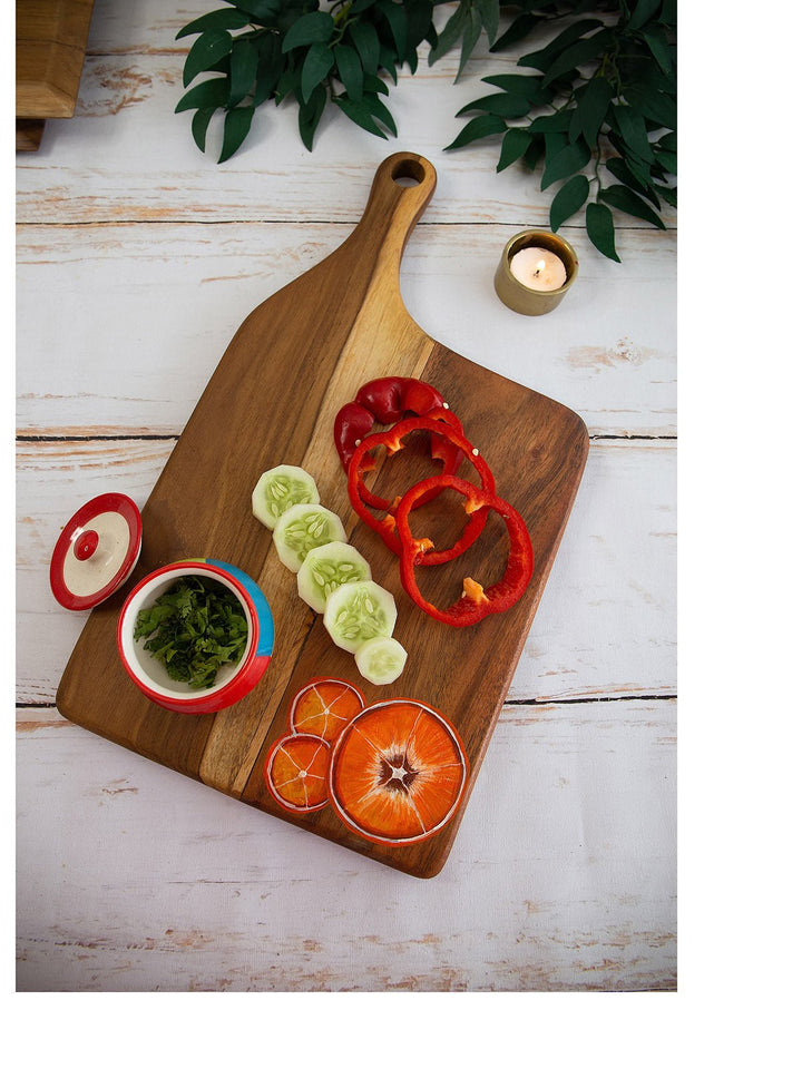 Table and DiningHandpainted Tangerines Teakwood Platter Cheese Board With Handle BrownDeco Talk