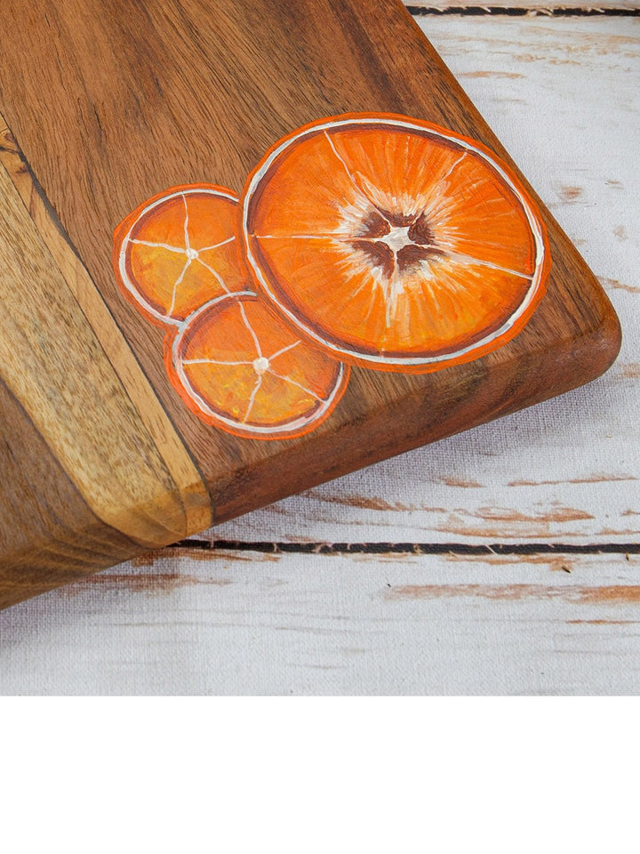 Table and DiningHandpainted Tangerines Teakwood Platter Cheese Board With Handle BrownDeco Talk