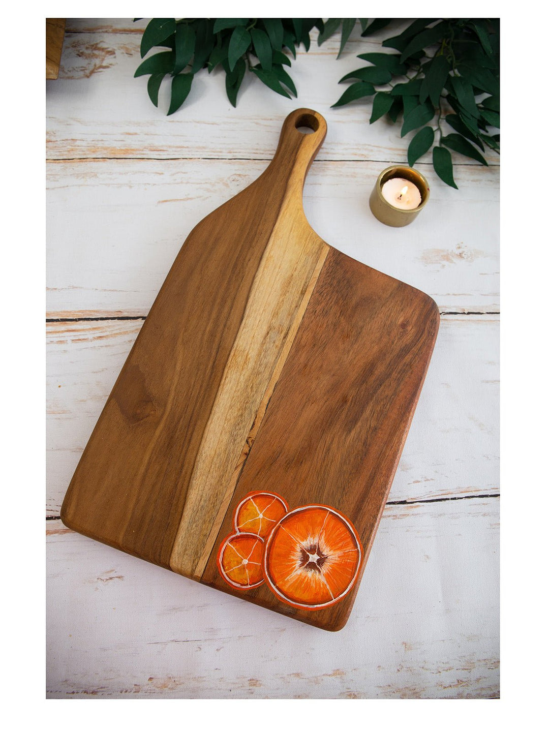 Table & DiningHandpainted Tangerines Teakwood Platter Cheese Board With Handle BrownDeco TalkFlourish Planet