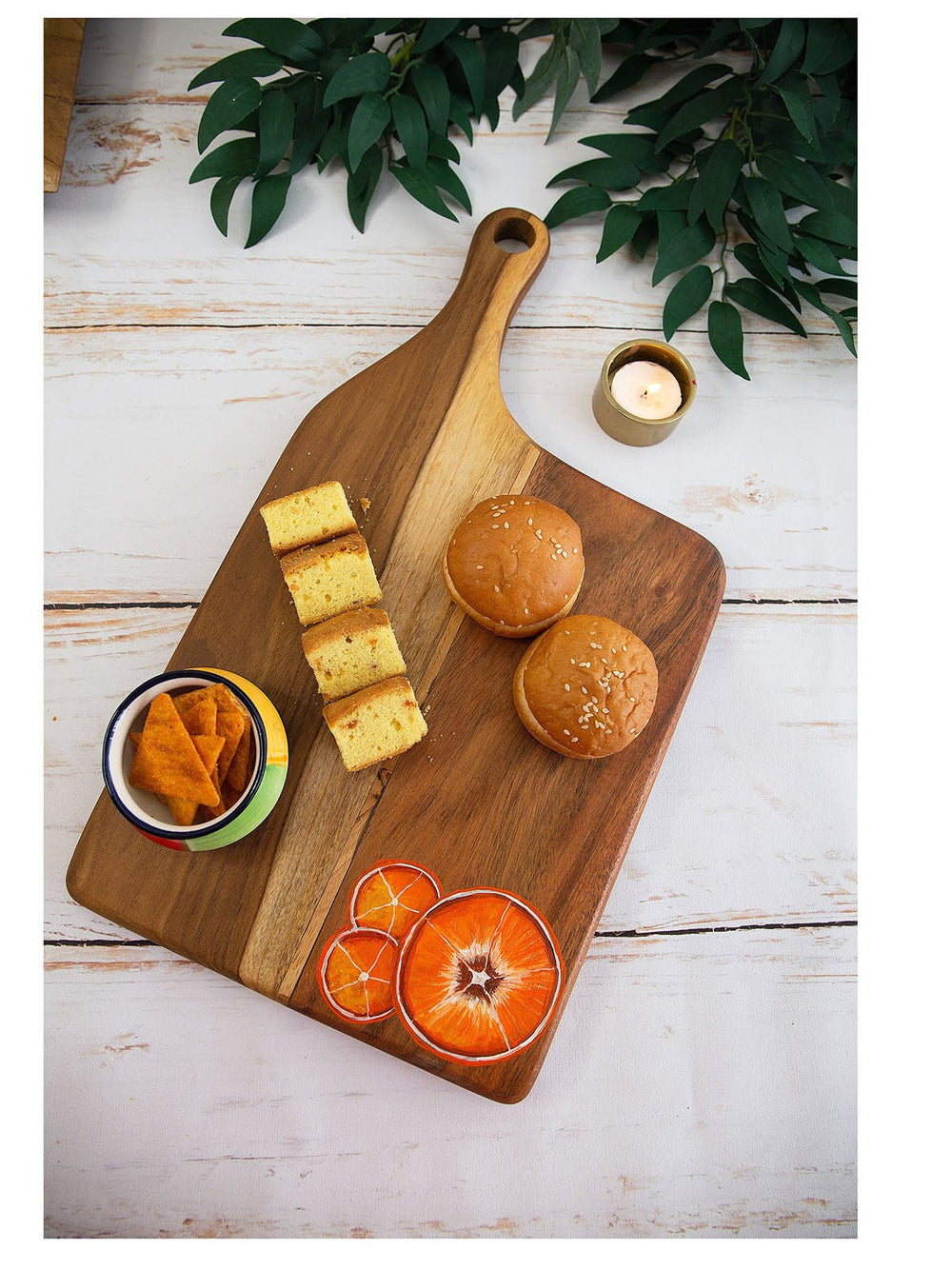 Table & DiningHandpainted Tangerines Teakwood Platter Cheese Board With Handle BrownDeco TalkFlourish Planet