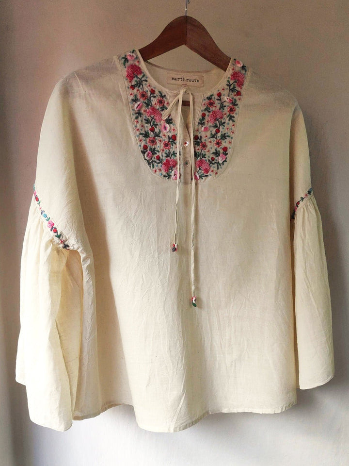 TopsMadhu Flared Tunic Hand Embroidered Natural WhiteEarth Route