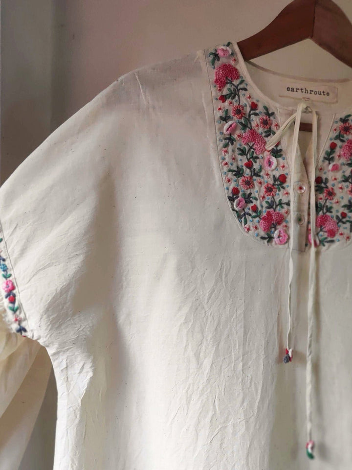 TopsMadhu Flared Tunic Hand Embroidered Natural WhiteEarth Route