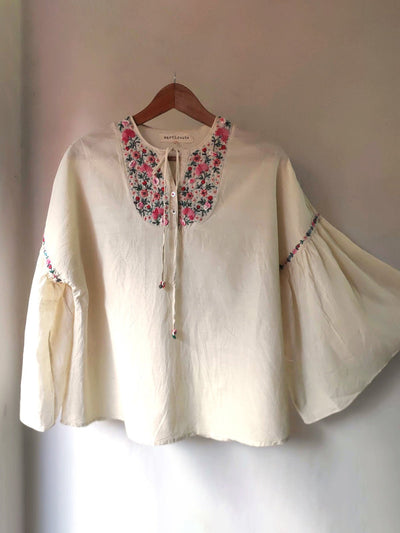 TopsMadhu Flared Tunic Hand Embroidered Natural WhiteEarth Route