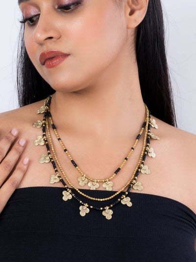JewelryMiharu Floral Dokra Charms Multi Layered Necklace - BlackMiharu