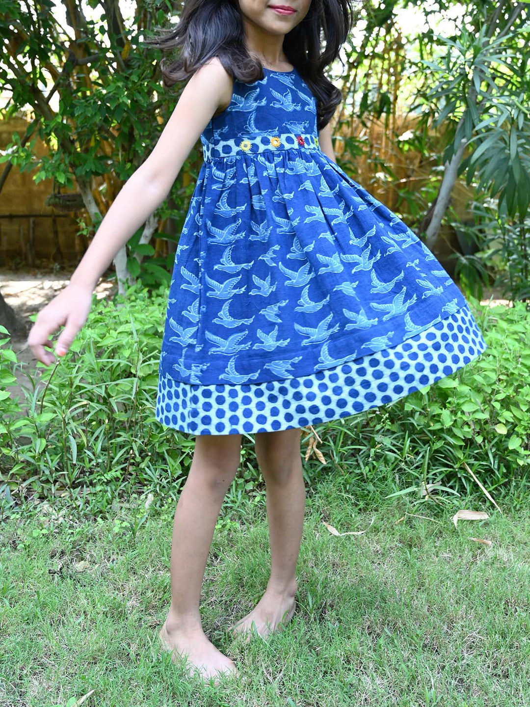 DressesNatural Indigo Printed Girls Flying Birds FrockMoral Fibre