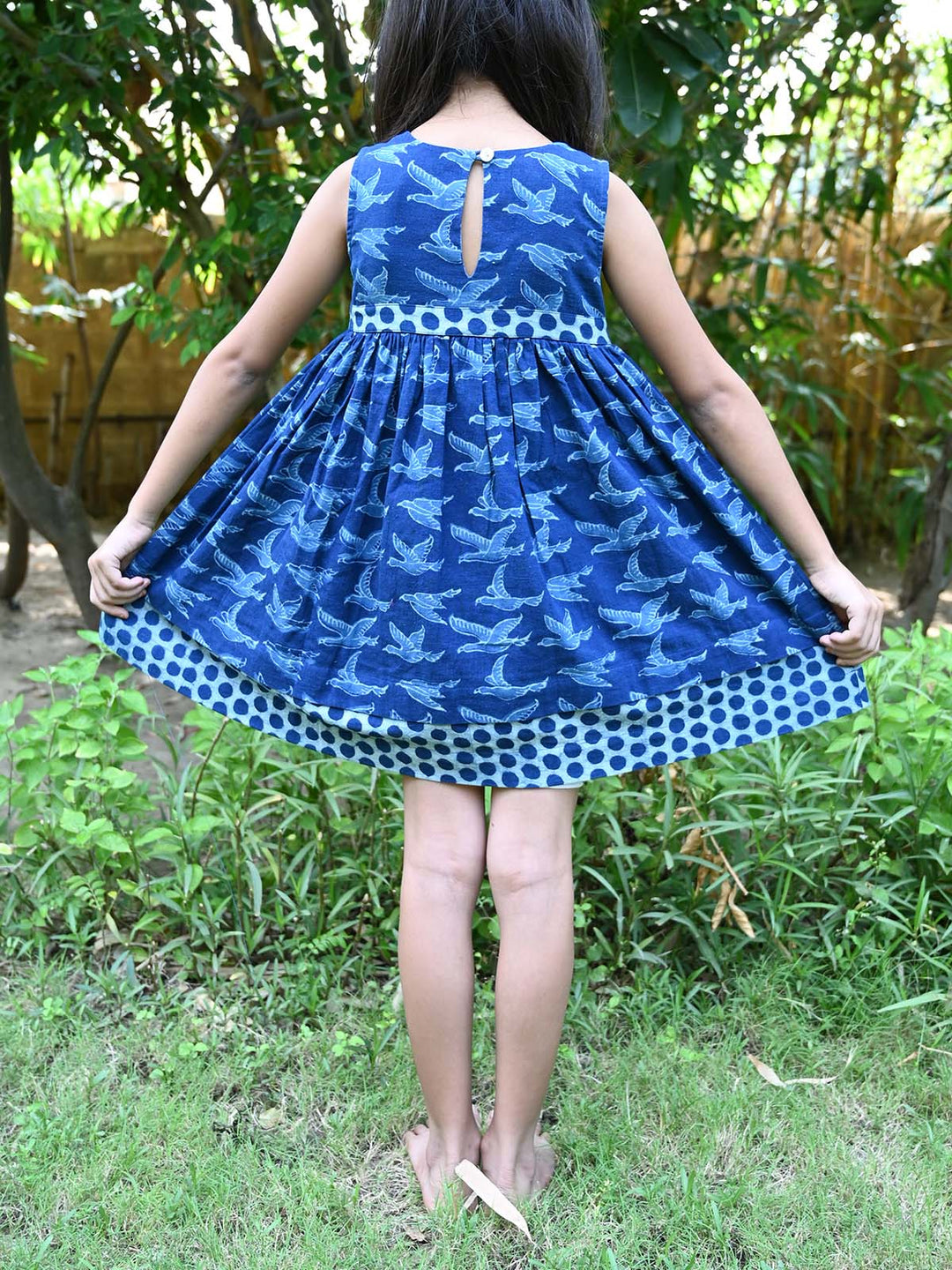 DressesNatural Indigo Printed Girls Flying Birds FrockMoral Fibre