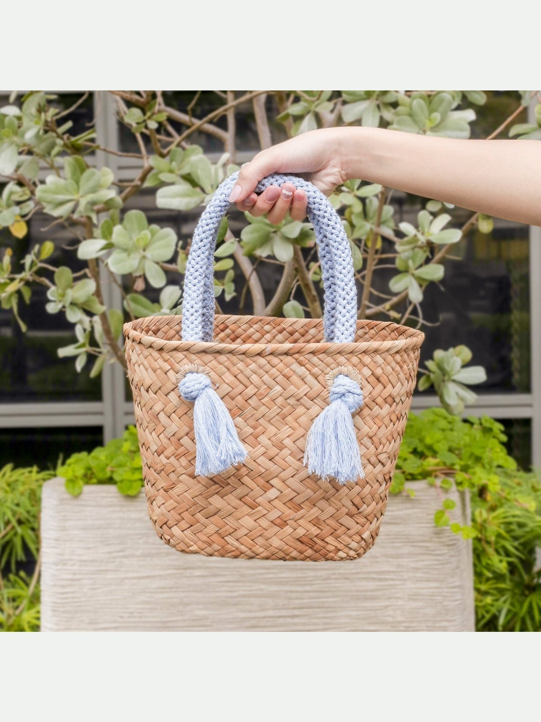 BagsPowder Blue Small Seagrass Tote Bag with Wrapped Handles - Market ToteLIKHÂ