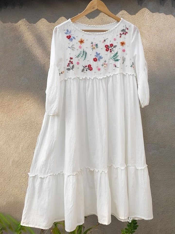 DressesRosa Tiered Hand Embroidered Self Check Dress WhiteEarth Route