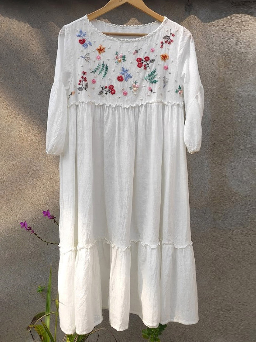 DressesRosa Tiered Hand Embroidered Self Check Dress WhiteEarth Route