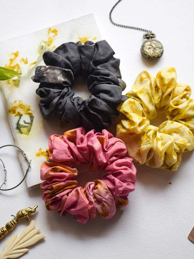 Personal AccessoriesSilk Scrunchies - Set of 3- Pink, Yellow & GreyEcoshi