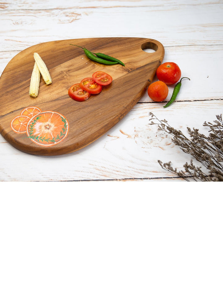 Table and DiningTangerine Handpainted Egg Shaped Teakwood Platter Cum Cutting Board BrownDeco Talk