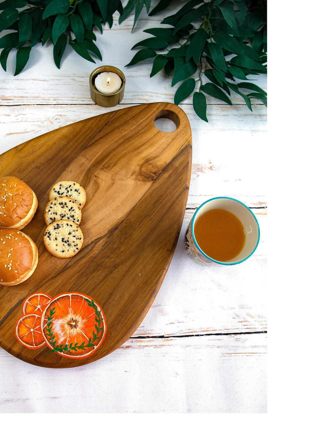 Table & DiningTangerine Handpainted Egg Shaped Teakwood Platter Cutting Board BrownDeco TalkFlourish Planet