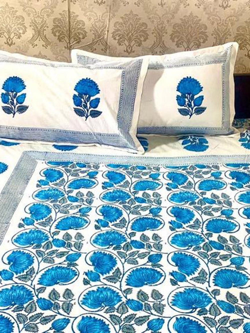 Bed and LivingTurquoise Blue Floral Hand Block Printed BedsheetAlankaran Designs