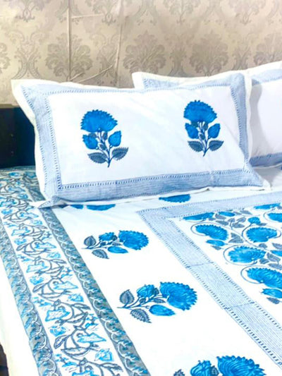 Bed and LivingTurquoise Blue Floral Hand Block Printed BedsheetAlankaran Designs